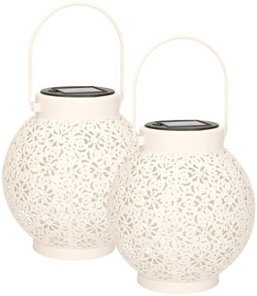 Anna's Collection Solar lantaarn - 2x - voor buiten - D15 x H16 cm - wit - metaal - tafellamp