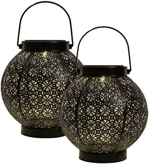 Anna's Collection Solar lantaarn - 2x - voor buiten - D18 x H19 cm - zwart - metaal - tafellamp