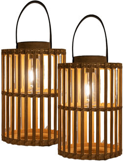 Anna's Collection Solar lantaarn - 2x - voor buiten - D20 x H32 cm - bamboe hout - tafellamp