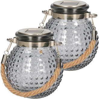 Anna's Collection Solar lantaarn glas - 2x - grijs - bubbel structuur - 10 x 12 cm