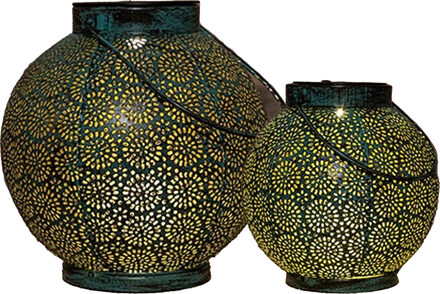 Anna's Collection Solar lantaarn set - 2-delig - antiek - turquoise - metaal - 16 x 14 / 19 x 18 cm
