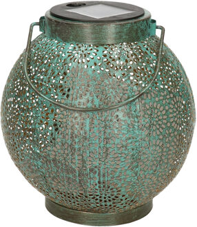 Anna's Collection Solar lantaarn - vlam effect - antiek - turquoise - metaal - 14 x 16 cm