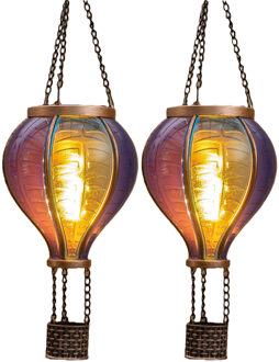 Anna's Collection Solar luchtballon lantaarn - 2x - blauw - hangend - 12 led lampjes - vlam effect - 11 x 36 cm