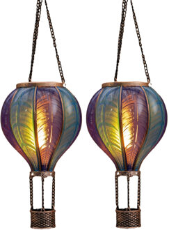 Anna's Collection Solar luchtballon lantaarn - 2x - blauw - hangend - 20 led lampjes - vlam effect - 14 x 45 cm