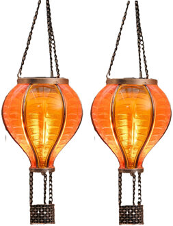 Anna's Collection Solar luchtballon lantaarn - 2x - geel/oranje - hangend - 12 led lampjes - vlam effect - 11 x 36 cm