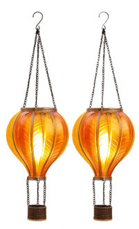 Anna's Collection Solar luchtballon lantaarn - 2x - geel/oranje - hangend - 20 led lampjes - vlam effect - 14 x 45 cm