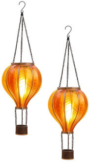 Anna's Collection Solar luchtballon lantaarn - 2x - geel/oranje - hangend - 20 led lampjes - vlam effect - 14 x 45 cm