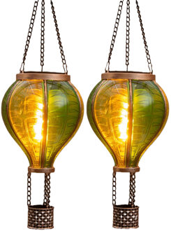 Anna's Collection Solar luchtballon lantaarn - 2x - groen - hangend - 12 led lampjes - vlam effect - 11 x 36 cm