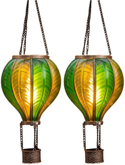 Anna's Collection Solar luchtballon lantaarn - 2x - groen - hangend - 20 led lampjes - vlam effect - 14 x 45 cm