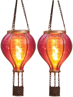 Anna's Collection Solar luchtballon lantaarn - 2x - roze - hangend - 12 led lampjes - vlam effect - 11 x 36 cm