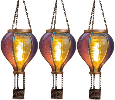 Anna's Collection Solar luchtballon lantaarn - 3x - blauw - hangend - 12 led lampjes - vlam effect - 11 x 36 cm