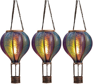 Anna's Collection Solar luchtballon lantaarn - 3x - blauw - hangend - 20 led lampjes - vlam effect - 14 x 45 cm