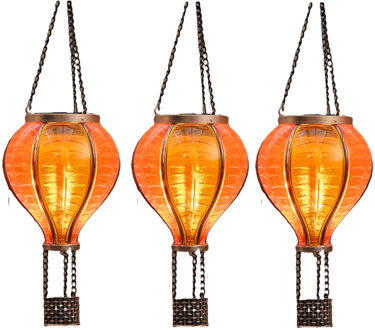 Anna's Collection Solar luchtballon lantaarn - 3x - geel/oranje - hangend - 12 led lampjes - vlam effect - 11 x 36 cm