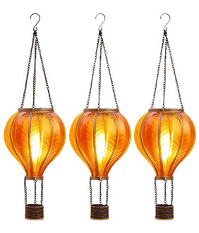 Anna's Collection Solar luchtballon lantaarn - 3x - geel/oranje - hangend - 20 led lampjes - vlam effect - 14 x 45 cm