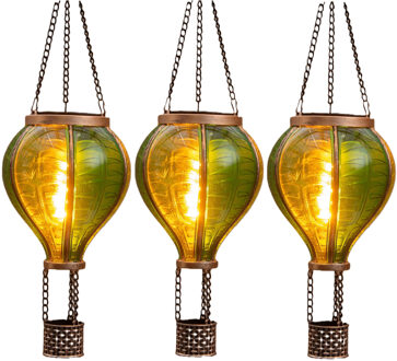 Anna's Collection Solar luchtballon lantaarn - 3x - groen - hangend - 12 led lampjes - vlam effect - 11 x 36 cm