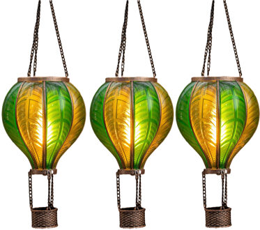 Anna's Collection Solar luchtballon lantaarn - 3x - groen - hangend - 20 led lampjes - vlam effect - 14 x 45 cm