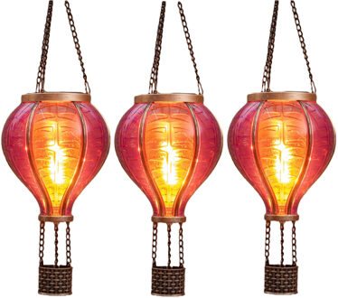 Anna's Collection Solar luchtballon lantaarn - 3x - roze - hangend - 12 led lampjes - vlam effect - 11 x 36 cm