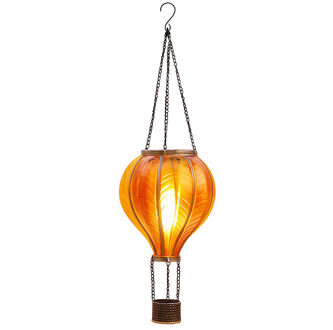 Anna's Collection Solar luchtballon lantaarn - geel/oranje - hangend - 20 led lampjes - vlam effect - 14 x 45 cm