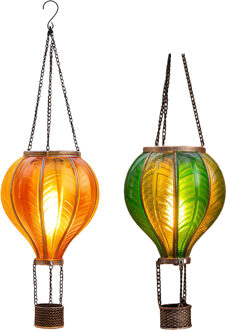 Anna's Collection Solar luchtballon lantaarnset - oranje - hangend - 12 led - 11 x 36 cm