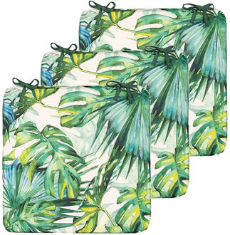 Anna's Collection Stoelkussen monstera - 3x - wit/groen - 40 x 40 cm - binnen/buiten