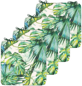 Anna's Collection Stoelkussen monstera - 4x - wit/groen - 40 x 40 cm - binnen/buiten