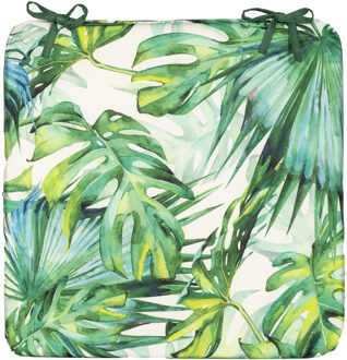 Anna's Collection Stoelkussen - monstera - wit/groen - 40x40cm - binnen/buiten