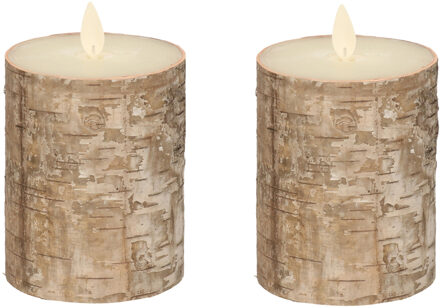 Anna's Collection Stompkaars - 2x - LED - berkenhout bruin - H10 cm - bewegende vlam - kaars