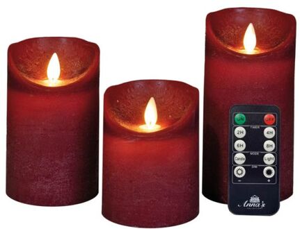 Anna's Collection Stompkaarsen - 3 stuks - bordeaux rood - LED