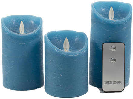 Anna's Collection Stompkaarsen - 3x st - denim blauw - LED kaarsen - afstandsbediening