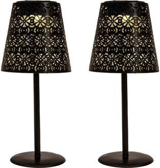 Anna's Collection Tafellamp buiten - 2x - D12 x H28 cm - zwart - metaal - solar lantaarn