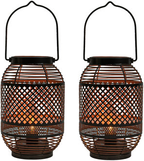 Anna's Collection Tuin lantaarn Meadox - 2x - Solar - zwart - D14 x H21 cm - vlam effect - LED buitenverlichting
