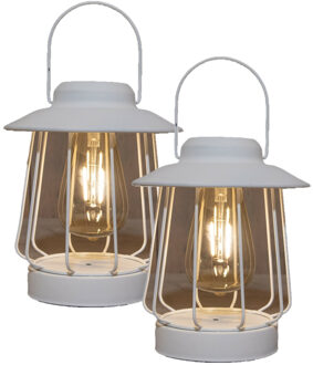 Anna's Collection Tuin lantaarn tafellamp - 2x - Solar - wit - D16 x H19 cm - LED buitenverlichting