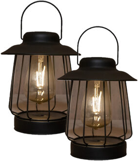 Anna's Collection Tuin lantaarn tafellamp - 2x - Solar - zwart - D16 x H19 cm - LED buitenverlichting