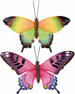 Anna's Collection Tuindecoratie vlinders - 2x - metaal - roze en groen - 48 x 30 cm