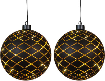 Anna's Collection Verlichte kerstbal - 2x - goud?- 15 cm?- Diamant patroon - 12 LED lampjes - warm-wit - batterij