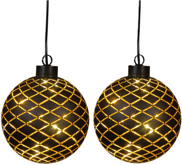 Anna's Collection Verlichte kerstbal - 2x - goud?- D10 cm?- Diamant patroon - 8 LED lampjes - warm-wit - batterij