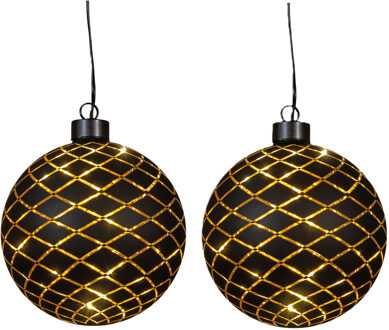 Anna's Collection Verlichte kerstbal - 2x - goud?- D12 cm?- Diamant patroon - 10 LED lampjes - warm-wit