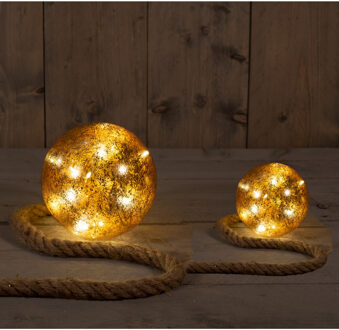 Anna's Collection Verlichte kerstballen - 2x st -goud - glas - aan touw -D10 en D15 cm - warm wit