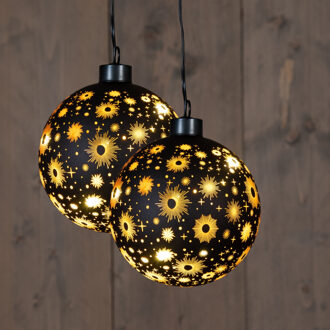 Anna's Collection Verlichte kerstballen - 2x st- zwart kosmos - D10 cm -bewegend licht- warm wit