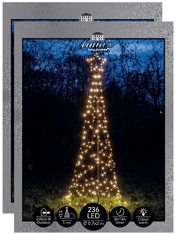 Anna's Collection Vlaggenmast kerstboom met ster - 2x - kerstverlichting - 236 leds - 200 cm - warm wit