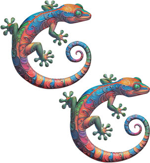 Anna's Collection Wanddecoratie Gecko hagedis - 2x - kleurenmix - 40 x 41 cm - metaal - muurdecoratie/schutting/tuin