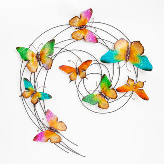 Anna's Collection Wanddecoratie gekleurde vlinders - kleurenmix - 65 x 51 cm - metaal - muurdecoratie - tuin/buiten