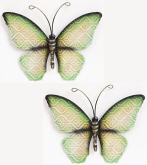Anna's Collection Wanddecoratie vlinder - 2x - groen - 20 x 14 cm - metaal - muurdecoratie