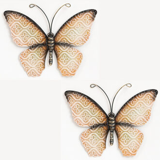 Anna's Collection Wanddecoratie vlinder - 2x - oranje - 30 x 21 cm - metaal - muurdecoratie