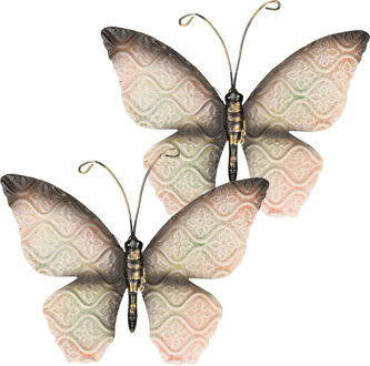 Anna's Collection Wanddecoratie vlinder - 2x - oranje, groen en zwart - 20 x 14 cm - metaal - muurdecoratie