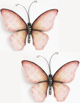 Anna's Collection Wanddecoratie vlinder - 2x - roze - 20 x 14 cm - metaal - muurdecoratie