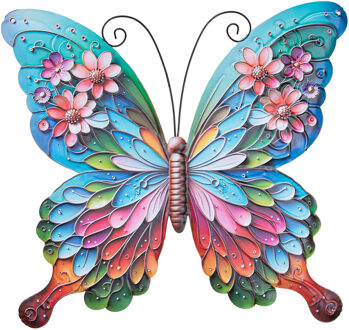 Anna's Collection Wanddecoratie vlinder - kleurenmix - 17 x 18 cm - metaal - muurdecoratie/schutting/tuin