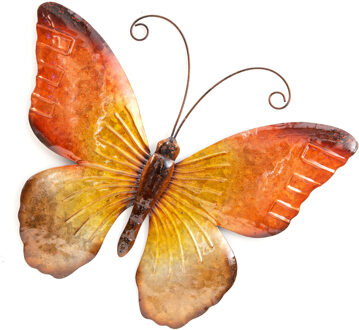 Anna's Collection Wanddecoratie vlinder - oranje - 44 x 32 cm - metaal - muurdecoratie/schutting