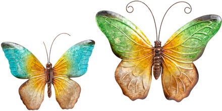 Anna's Collection Wanddecoratie vlinders - 2x - blauw/groen - 32 x 24 cm/44 x 32 - metaal - muurdecoratie/schutting
