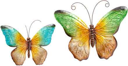 Anna's Collection Wanddecoratie vlinders - 2x - blauw/groen - 32 x 24 cm/44 x 32 - metaal - muurdecoratie/schutting